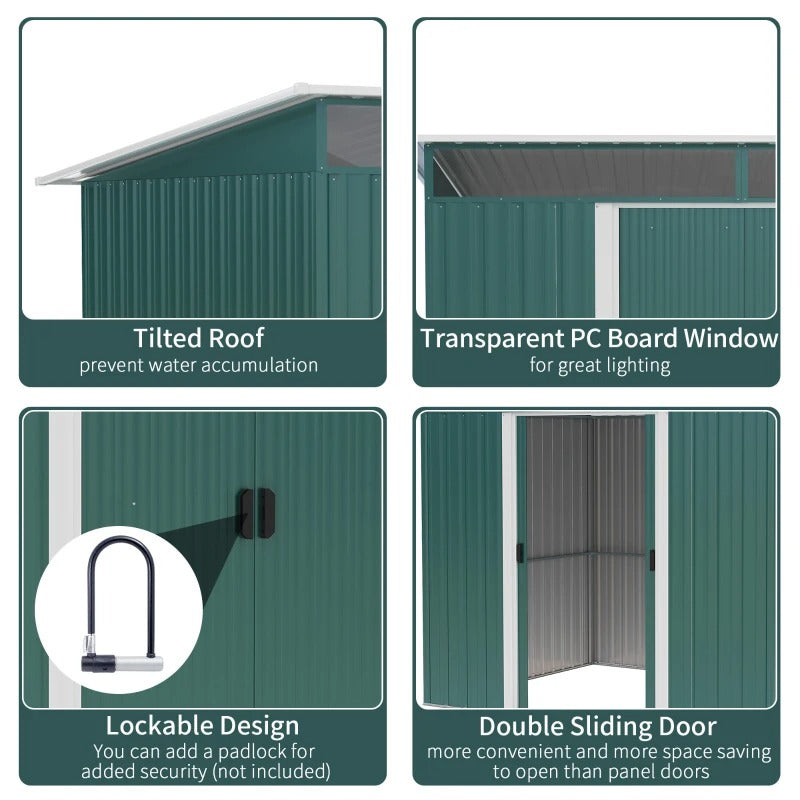 8.5' x 6' Outdoor Metal Storage Shed Organizer w/ Double Doors, Drainage for Patio - Dk Green