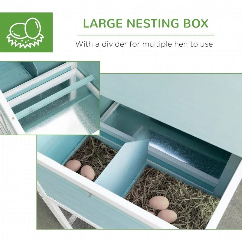 76" Wooden Outdoor Chicken Coop Hen House w Removable Tray, Nesting Box, Lockable Door, Lt Blue