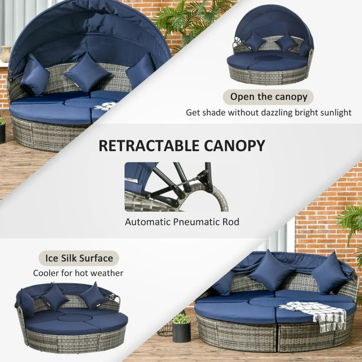 4pc PE Rattan Wicker Round Canopy Daybed Lounge Patio Sectional Sofa Set w Cushions, Grey, Blue