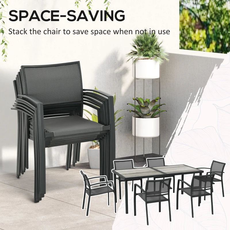 7pc, 6 Seat Outdoor Patio Dining Set w Wood Grain Table Mesh Stackable Chairs - Black, Grey