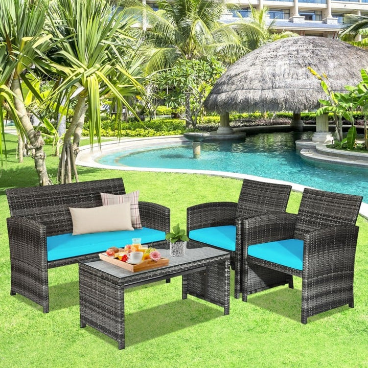 4pc Rattan Wicker Conversation Furniture Loveseat Set w Cushions for Outdoor Patio, Grey, Turquoise