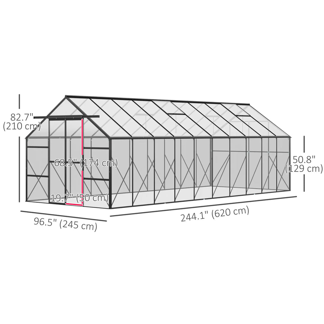 20' x 8' x 7' Walk-in Aluminum Polycarbonate Greenhouse Outdoor Garden Flower Vegetable Plant Black
