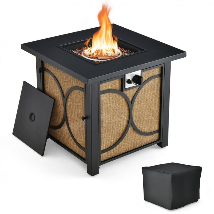 28" Square 50,000 BTU Propane Gas Fire Pit Table Heater w Cover for Outdoor Patio, Black, Tan Brown