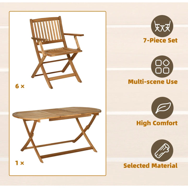 7pc, Folding 6-Seat Outdoor Patio Dining Set w Oval Table & Arm Chairs - Natural Poplar Wood