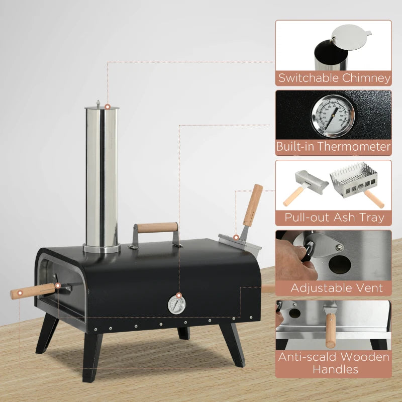 32” Portable Stainless Steel Wood Fire Pellet Pizza Oven w/ Chimney, Stone, Peel, Cover - Black