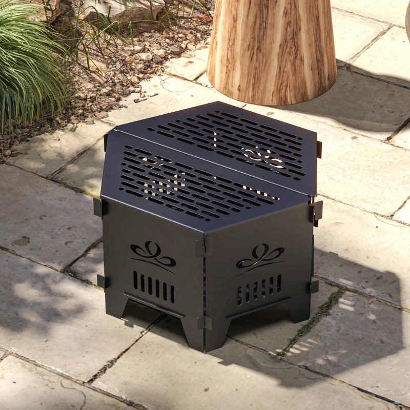 20” Portable Collapsible Hexagonal Electric Fire Pit w/ Carrying Bag, Charcoal Grate - Black