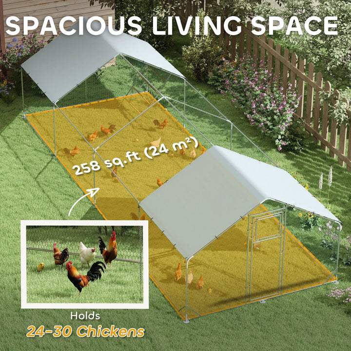 26.2' x 9.8' x 6.4' Large Galv Steel Outdoor Chicken Run Coop w Feed Door, Cage Shelter Fence Yard