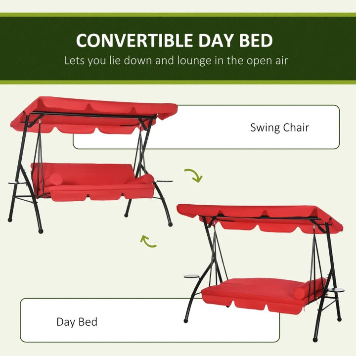 Outdoor 3 Seater Garden Swing / Flat Daybed w Canopy Shade, Cushions for Garden Deck Porch, Red