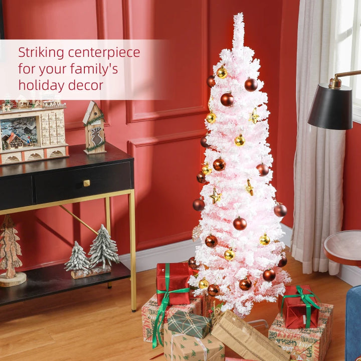 5ft 390-Tip Unlit Snow Flocked Slim Artificial Pencil Christmas Holiday Fake Xmas Tree, Pink