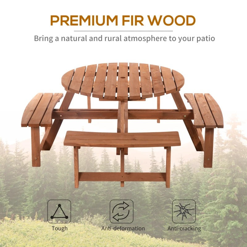 NEW 8-Seat Round Picnic Dining Pub Table w Bench Seats, Outdoor Pool Patio, Solid Stained Fir Wood