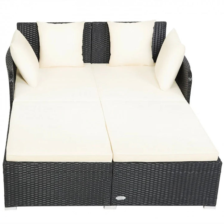 Double Rattan Wicker Daybed Sun Lounger Sofa Chaise w Cushions, Outdoor Patio, Cream White, Black