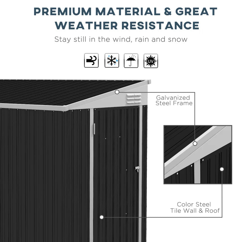 4' x 8' Galvanized Steel Lean-To Storage Tool Shed w Lockable Door, Outdoor Garden, Dark Grey