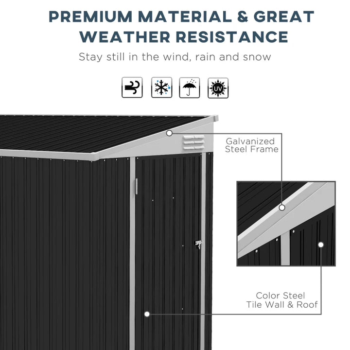 4' x 8' Galvanized Steel Lean-To Storage Tool Shed w Lockable Door, Outdoor Garden, Dark Grey