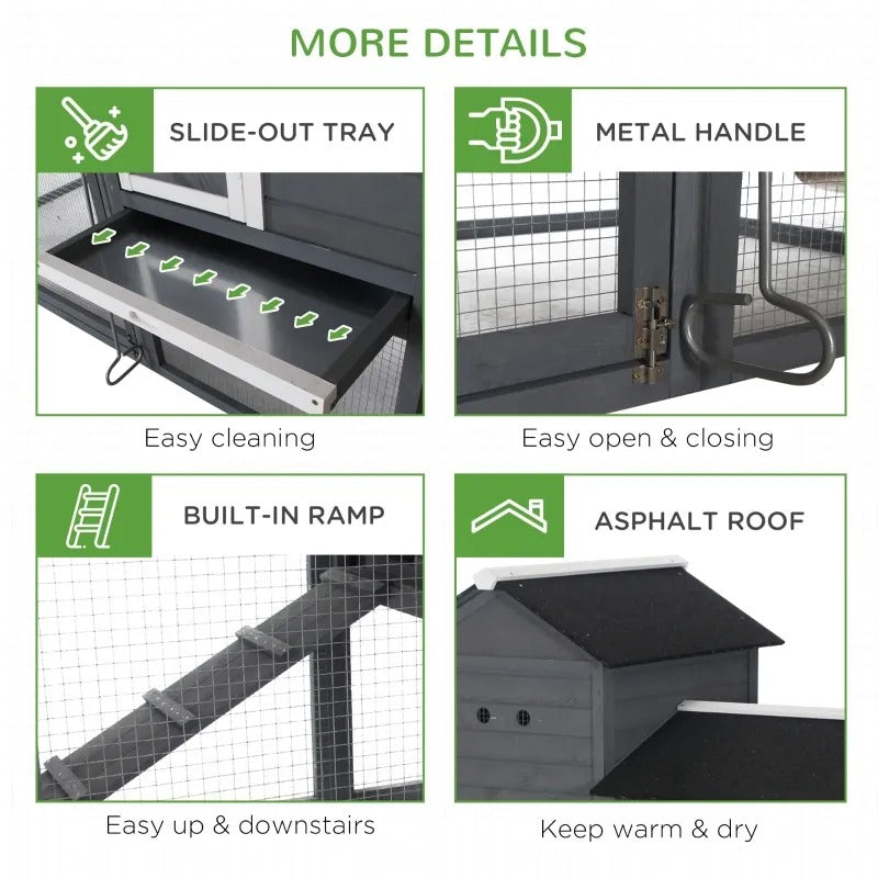 84" Deluxe Wooden Outdoor Chicken Coop Hen House Run Box, Ramp, Nesting Box, Bunny Rabbit, Grey