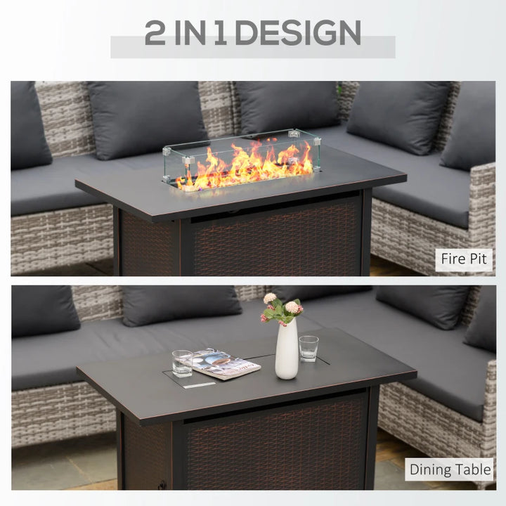 43" 50,000 BTU Propane Gas Fire Pit Table w Stones, Glass Shield, Rattan Design, Bronze Brown