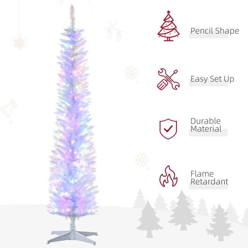 7ft Pre-lit Ultra Slim Pencil Christmas Holiday Tree w 250 Multicolour Lights, Iridescent White