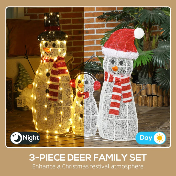 3ft Cute Outdoor Holiday Christmas Light-Up Lawn Decoration Steel, 148 Lights, 3 Snowman Family