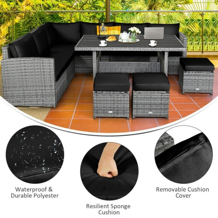 7pc L-Shape Rattan Wicker Dining Set Outdoor Patio Sectional w Table Cushions Ottomans, Black