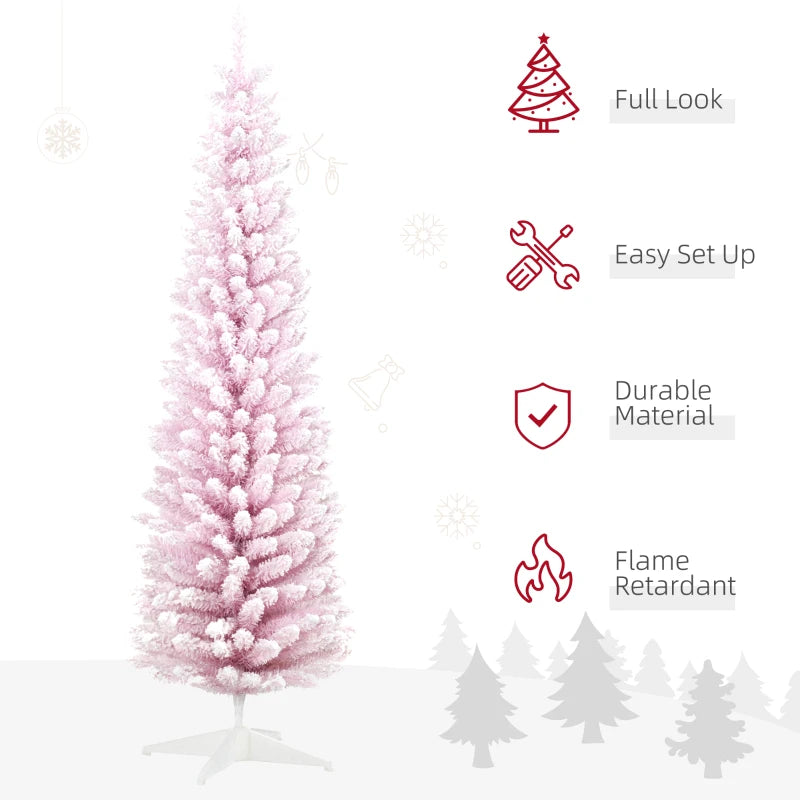 NEW 7ft 499-Tip Unlit Snow Flocked Slim Pencil Artificial Christmas Holiday Fake Xmas Tree, Pink