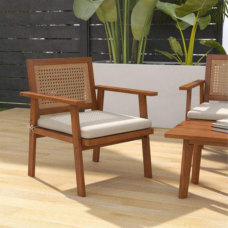 4pc Retro Wood PE Rattan Wicker Patio Furniture Set w Cushions Outdoor Patio, Teak Stain, Beige