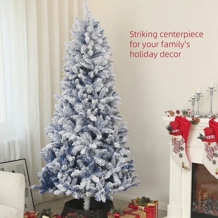 7ft Full 1102-Tip Unlit Snow Flocked Classic Artificial Christmas Holiday Tree Xmas Decor, Blue