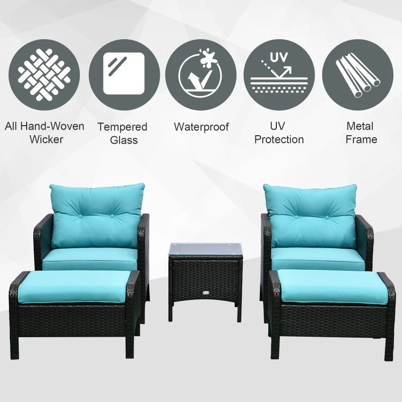 5pc PE Rattan Wicker Conversation Patio Set w Armchairs, Cushions, Footstools, Brown, Aqua Blue