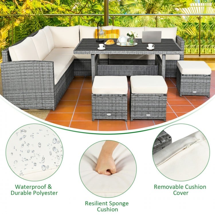 7pc L-Shape Rattan Wicker Dining Set Outdoor Patio Sectional w Table Cushions Ottomans, Off-White