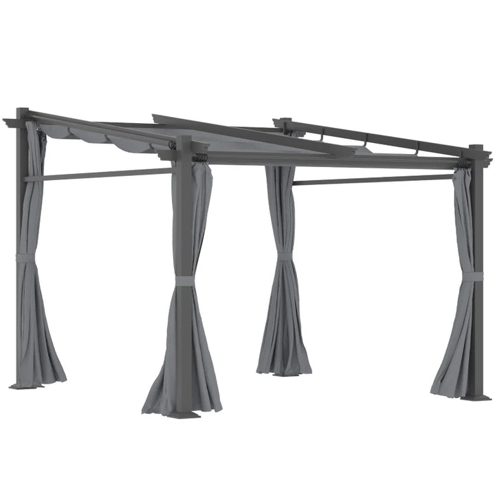 10' x 10' Sloped Pergola Gazebo, Retractable Canopy Roof, Curtains Outdoor Patio Garden Dk Grey