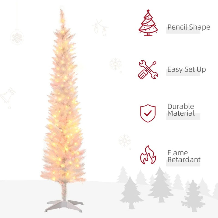 6ft Pre-lit Ultra Slim Pencil Christmas Holiday Tree w 200 Multicolour Lights, Iridescent White