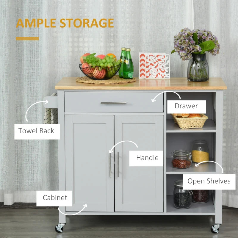 Modern Sleek Compact Kitchen Island Cart Storage Cabinet Dining Rm Sideboard w Wood Top, Grey