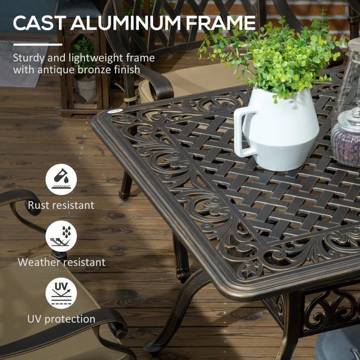 7pc Cast Aluminum Dining Table Set w 6 Chairs, Cushions for Outdoor Patio - Bronze Brown, Beige