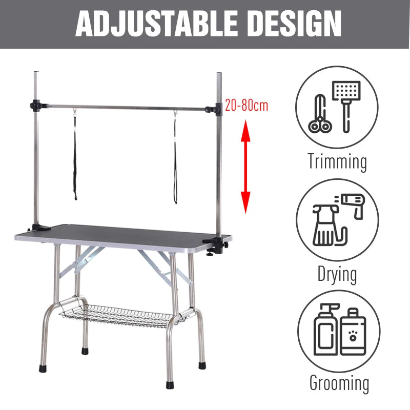 42" x 24" x 67" Portable Folding Dog Grooming Table w 2 Arms, Adjustable, Rubber Top, Black