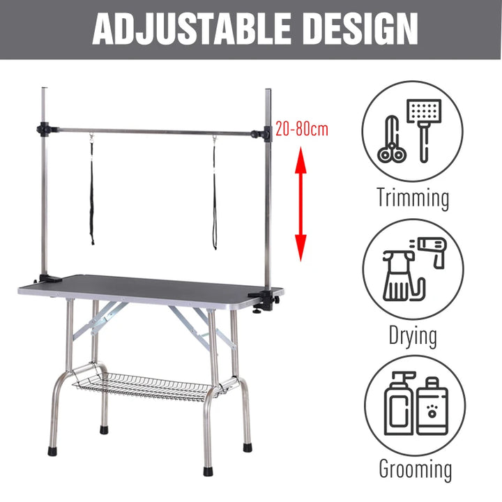 42" x 24" x 67" Portable Folding Dog Grooming Table w 2 Arms, Adjustable, Rubber Top, Black