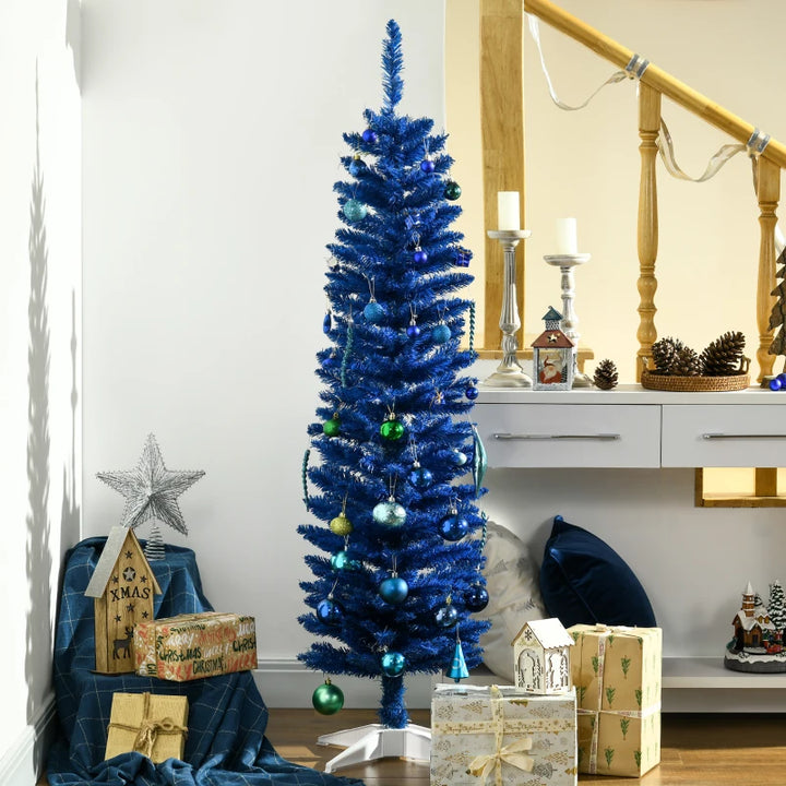 NEW 5ft 250-Tip Unlit Slim Pencil Artificial Christmas Holiday Tree w Base, Xmas Decor, Deep Blue