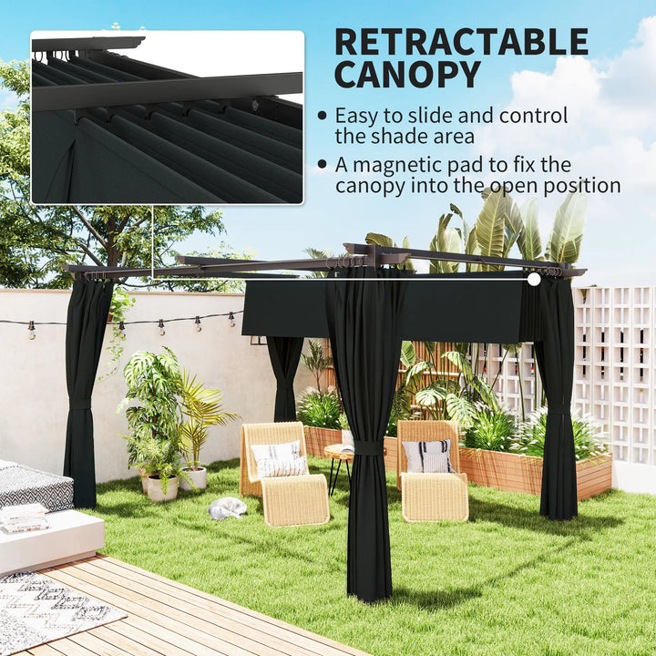 13' x 10' Aluminum Metal Pergola Gazebo Patio Shelter w Retractable Canopy Roof, Curtains, Dk Grey