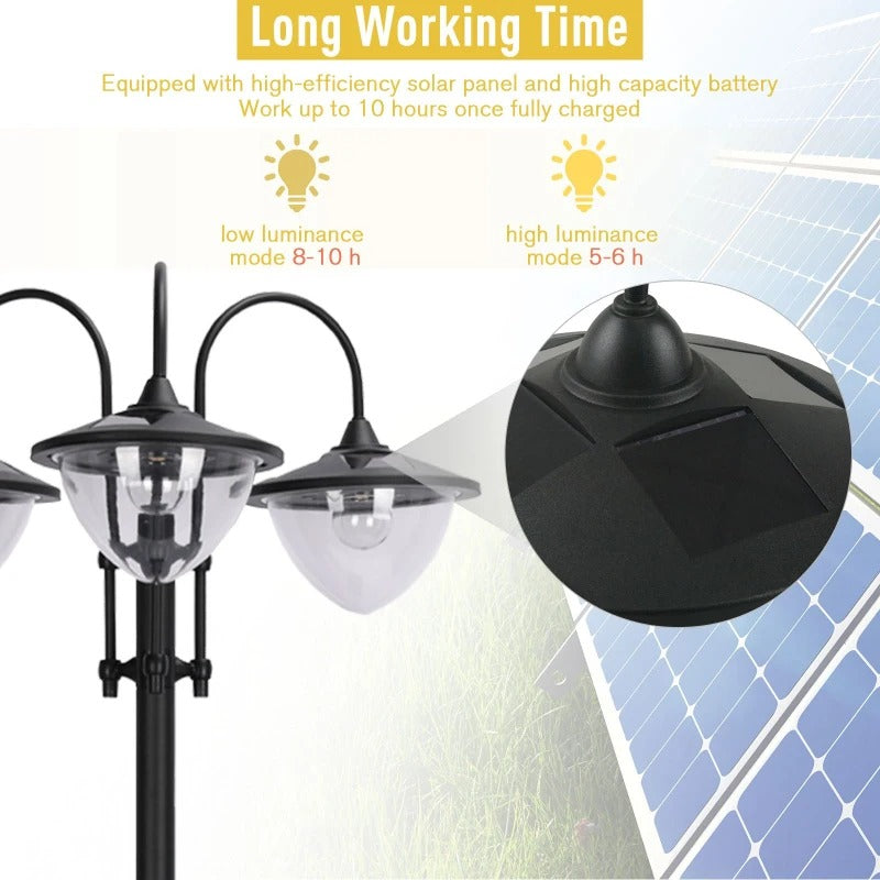 74” 3-Head Solar LED Automatic Outdoor Torch Light Street Lamp Post w Flowerbed Planter, Black