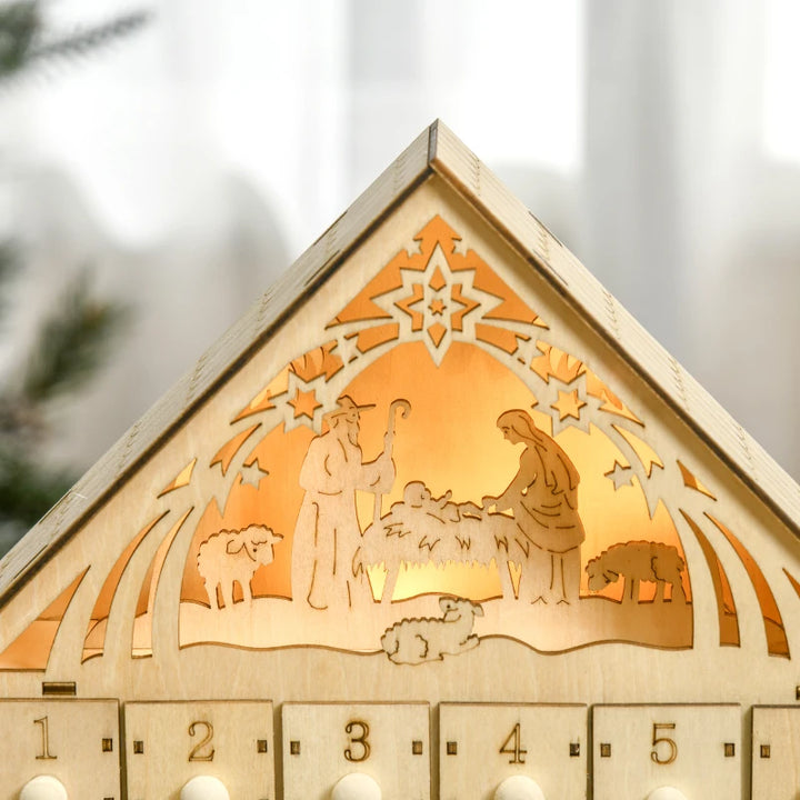 Light-Up Wooden Christmas Advent Calendar w 24 Drawers Holiday Xmas, Bible Nativity Manger Baby