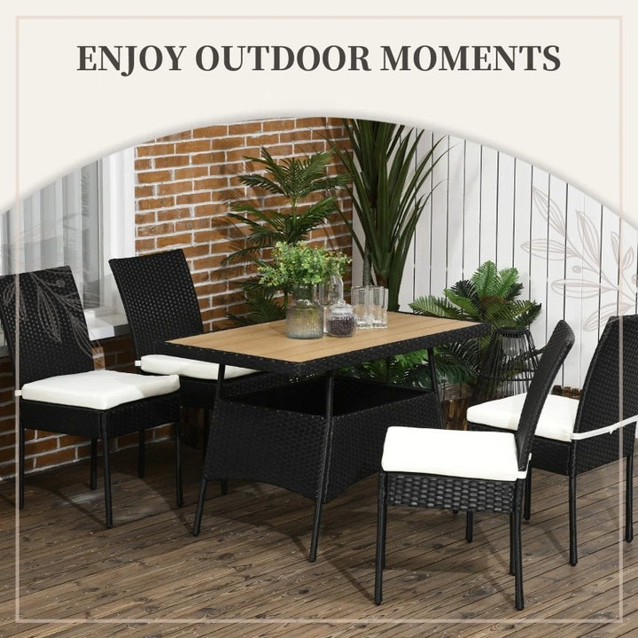 5pc Elegant PE Rattan Wicker Dining Set w Composite Wood-Look Table Outdoor Patio, Black, Cream