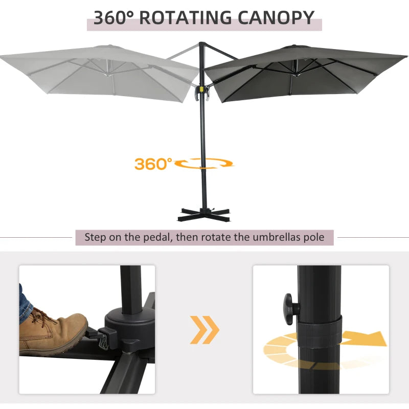 8ft Square Rotating Tilting Offset Cantilever Umbrella Canopy w Cross Base Outdoor Patio, Grey