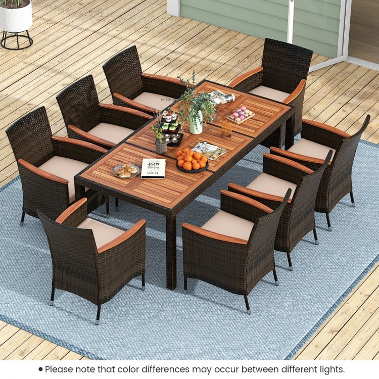 9pc PE Rattan Wicker Dining Set w 8 Armchairs, Acacia Wood Top, Umbrella Hole, Outdoor Patio, Brown