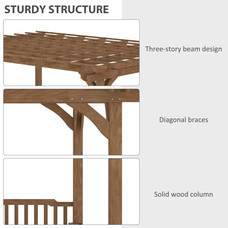 14' x 10' Wood Pergola Gazebo Patio Garden BBQ Shelter w Bar Counters, Bench Seats - Brown