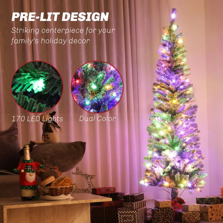 NEW 6ft 429-Tip Prelit Flocked Pencil Artificial Tree, 170 Lights, Remote, Christmas Holiday Green