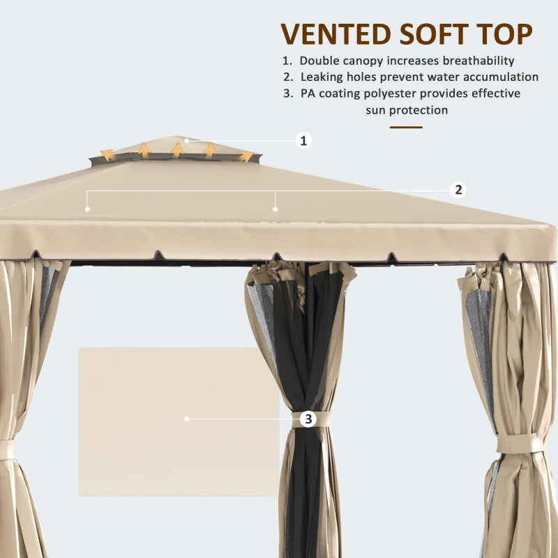 10' x 10' Outdoor Soft-top Gazebo Canopy Shelter 2-Tier Fabric Roof, Curtain, Mesh, Khaki Beige