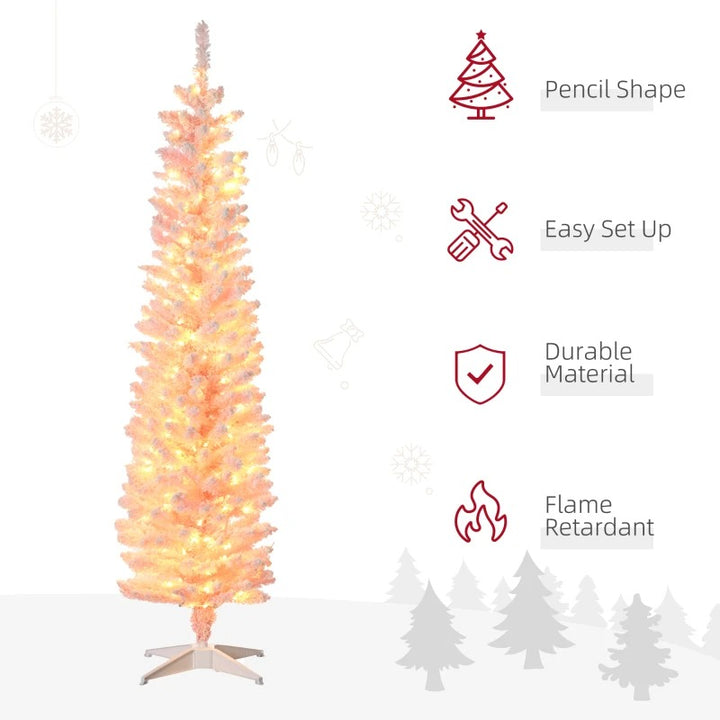 6ft 360-Tip Pre-lit Snow Flocked Artificial Pencil Christmas Holiday Tree, 200 LED Lights, Pink