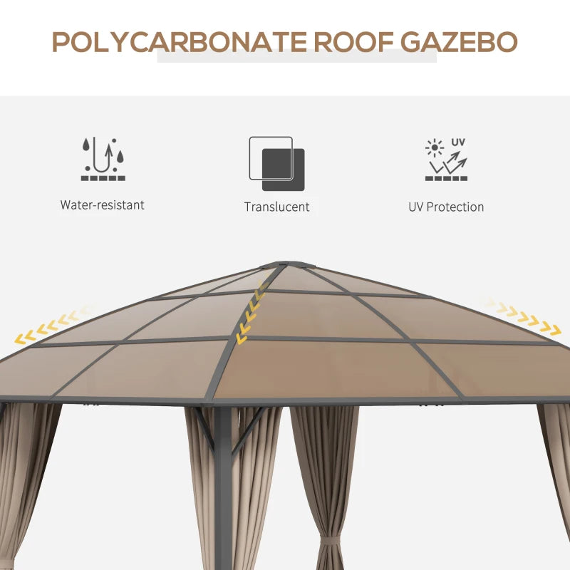 10' x 10' PC Aluminum Hardtop / Steel Frame Gazebo Canopy Outdoor Shade Patio, Curtains, Brown