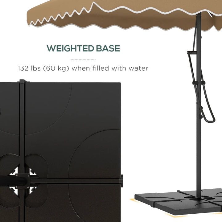 8ft Square Offset LED Umbrella Canopy w Solar Light, Weights, Base, Outdoor Patio, Khaki Brown