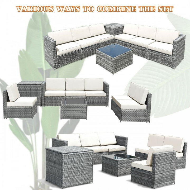 8pc L-Shape Rattan Wicker Sectional w Storage, Cover, Outdoor Patio Furniture, Grey, White