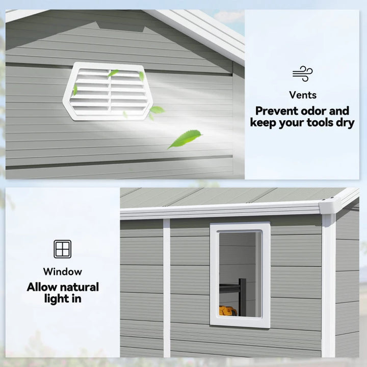 8' x 6' Plastic Garden Storage Shed with Latch Door, Vents, and Sloped Roof - Durable Weatherproof Outdoor Storage