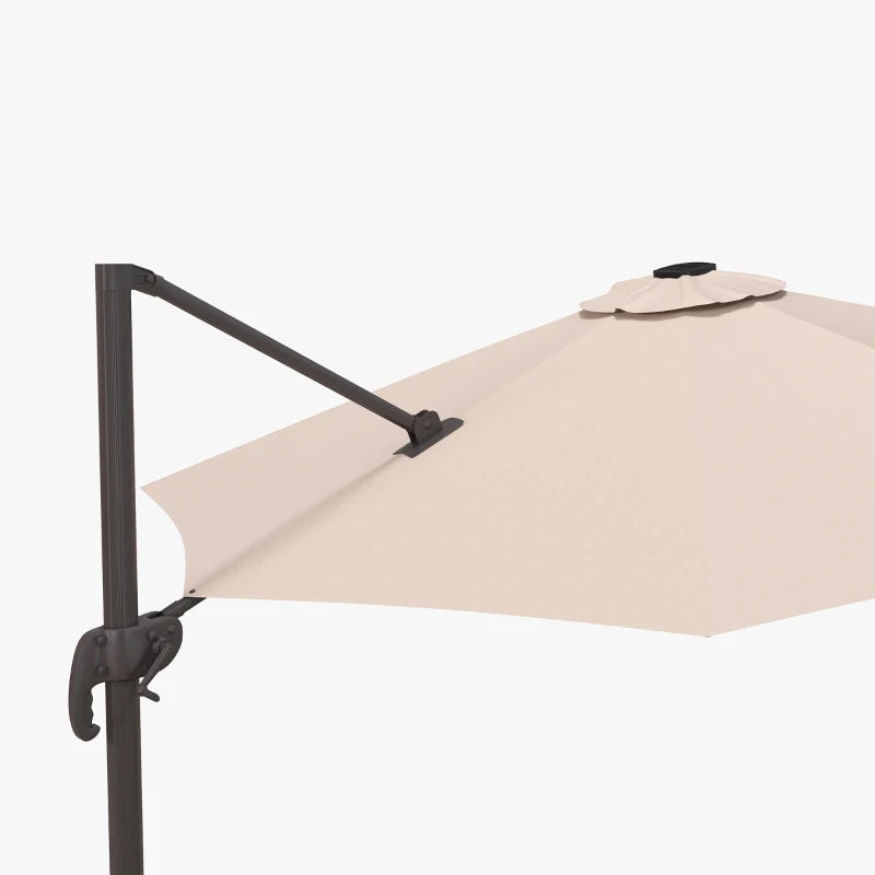 10ft Offset LED Tilt Umbrella Cantilever Canopy Outdoor Patio, Solar Light, Cross Base, Beige