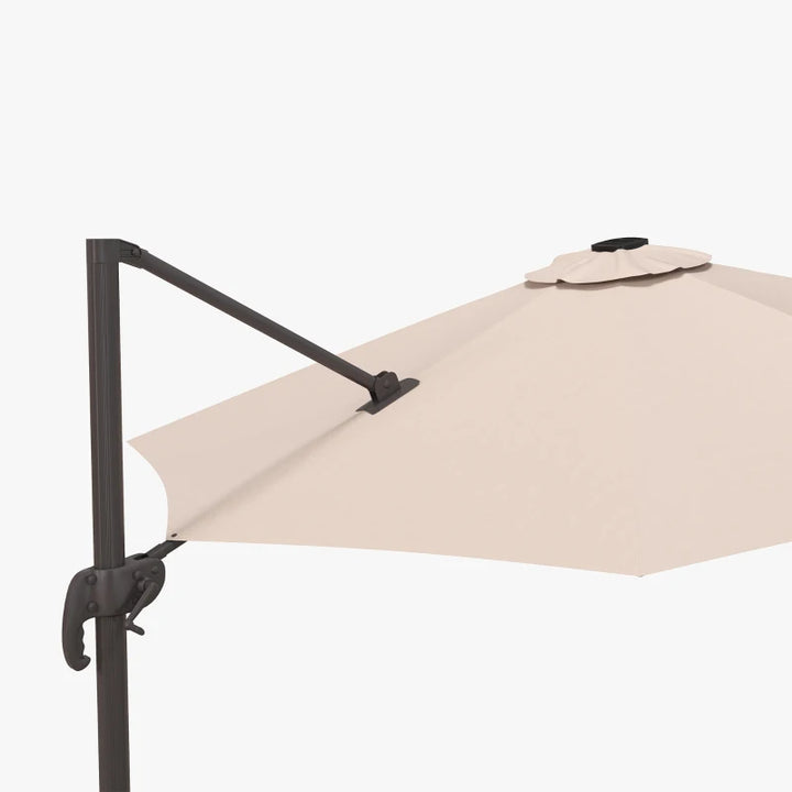 10ft Offset LED Tilt Umbrella Cantilever Canopy Outdoor Patio, Solar Light, Cross Base, Beige